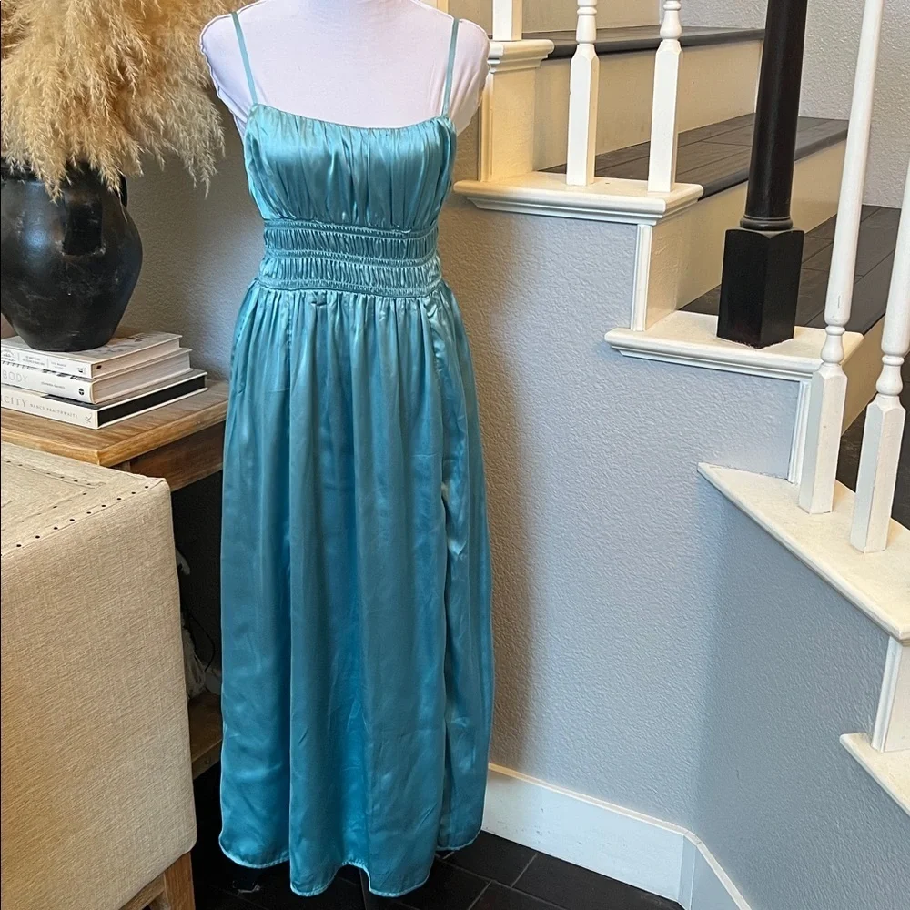Abercrombie & Fitch Smocked Bodice Satin Maxi Dress with side slit Size Small